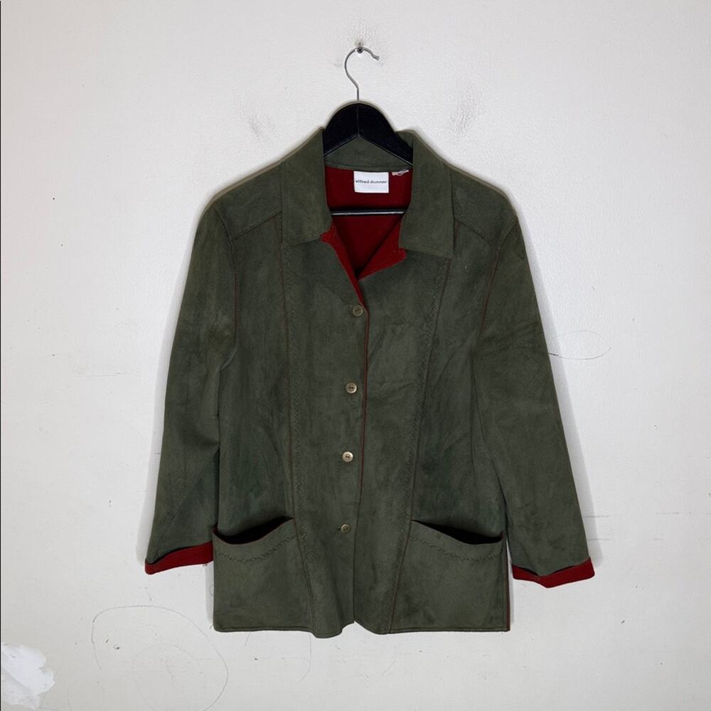 Alfred Dunner Olive Jacket with Red Trim Suede Like Material Size XL